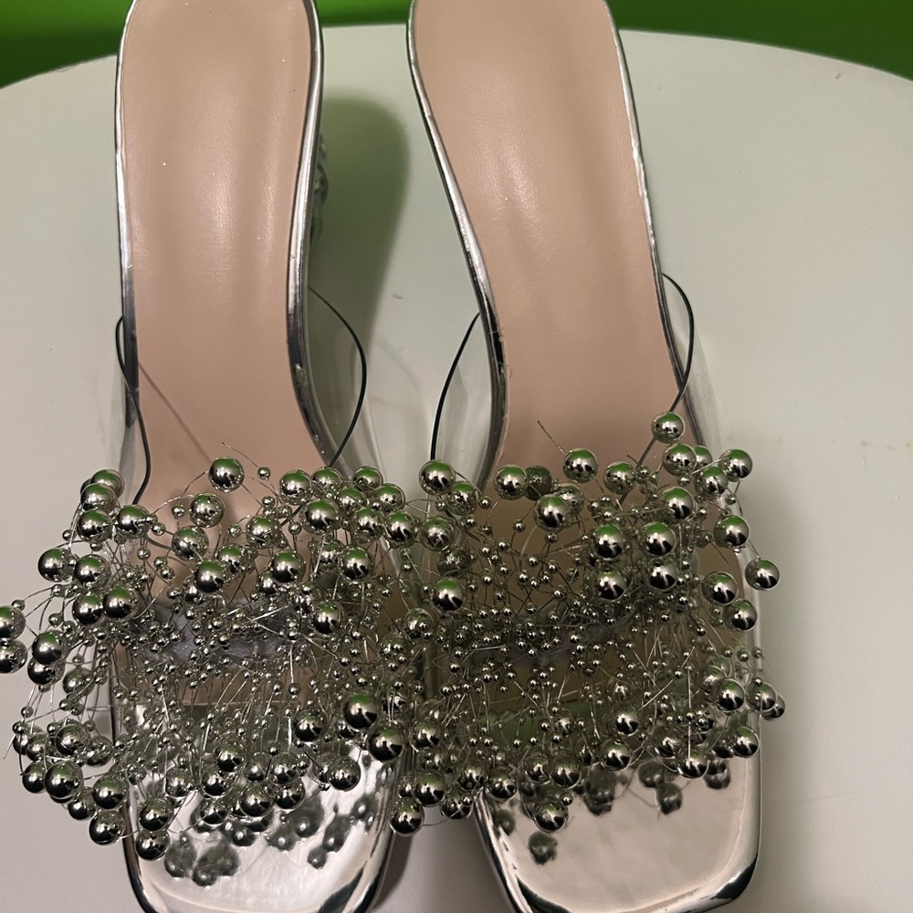 Silver Embellished Women's Slide Sandals